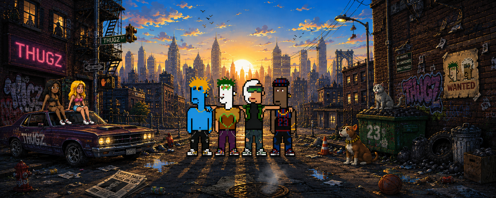 THUGZ pixel art characters on a dystopian city street at sunset